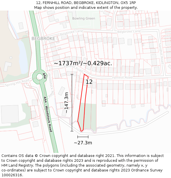 12, FERNHILL ROAD, BEGBROKE, KIDLINGTON, OX5 1RP: Plot and title map