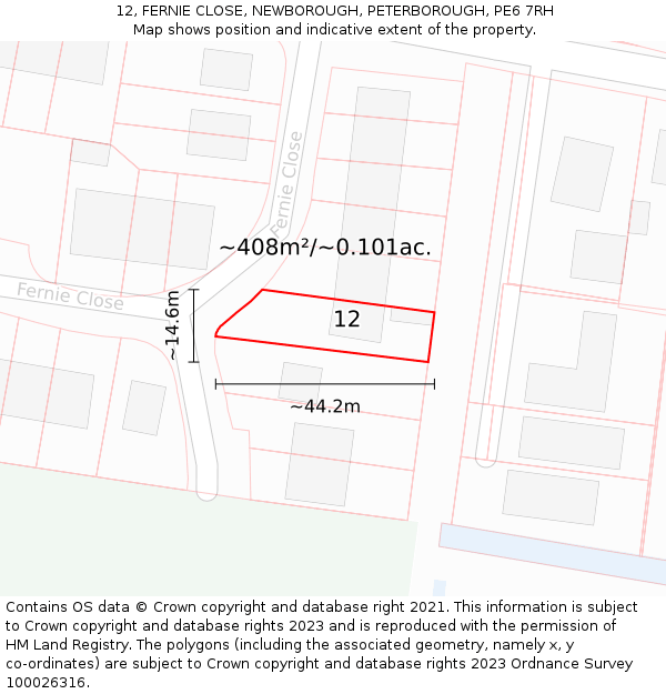 12, FERNIE CLOSE, NEWBOROUGH, PETERBOROUGH, PE6 7RH: Plot and title map