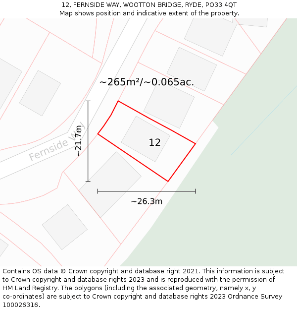 12, FERNSIDE WAY, WOOTTON BRIDGE, RYDE, PO33 4QT: Plot and title map
