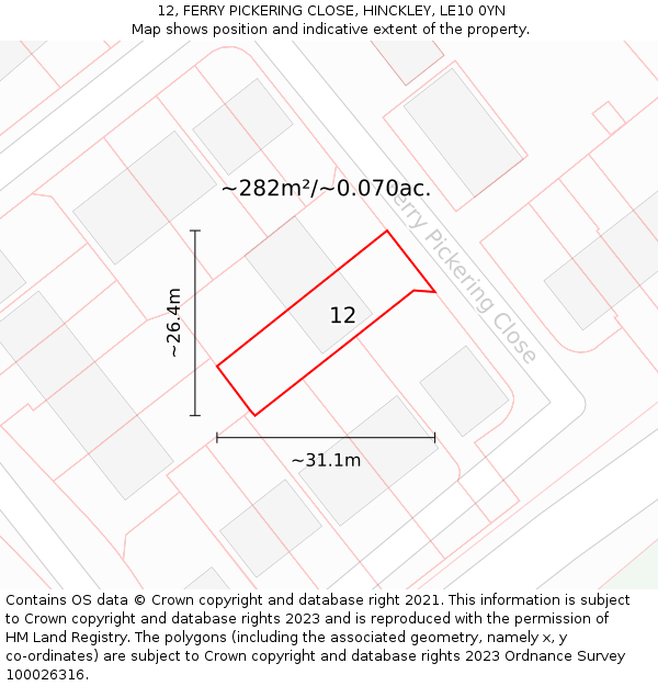 12, FERRY PICKERING CLOSE, HINCKLEY, LE10 0YN: Plot and title map