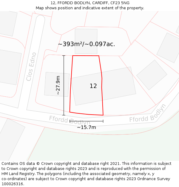 12, FFORDD BODLYN, CARDIFF, CF23 5NG: Plot and title map