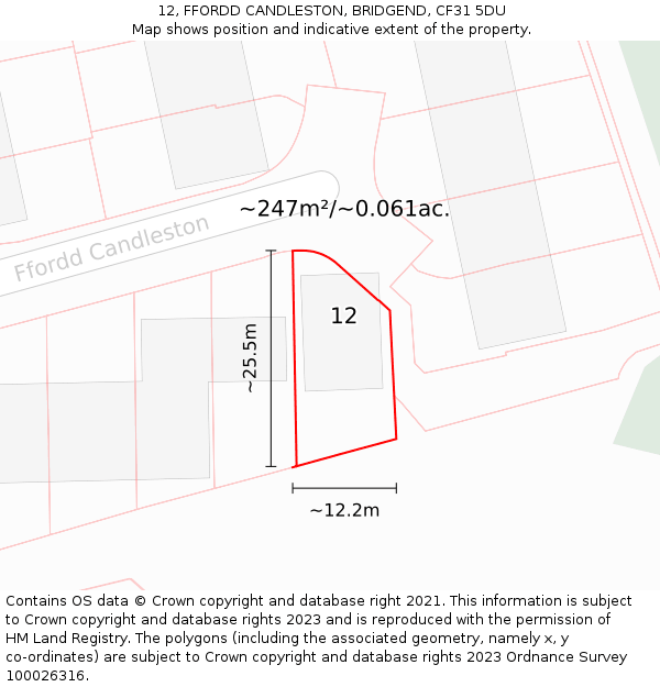 12, FFORDD CANDLESTON, BRIDGEND, CF31 5DU: Plot and title map