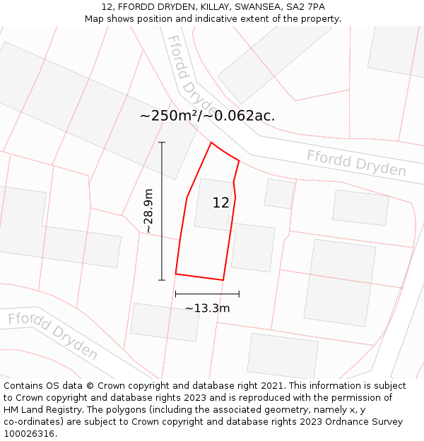 12, FFORDD DRYDEN, KILLAY, SWANSEA, SA2 7PA: Plot and title map