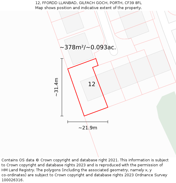 12, FFORDD LLANBAD, GILFACH GOCH, PORTH, CF39 8FL: Plot and title map
