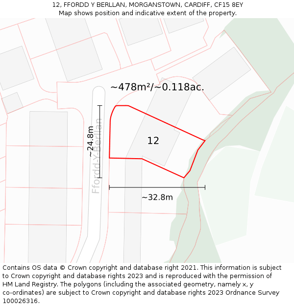 12, FFORDD Y BERLLAN, MORGANSTOWN, CARDIFF, CF15 8EY: Plot and title map