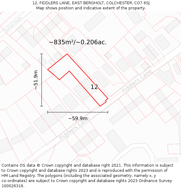 12, FIDDLERS LANE, EAST BERGHOLT, COLCHESTER, CO7 6SJ: Plot and title map