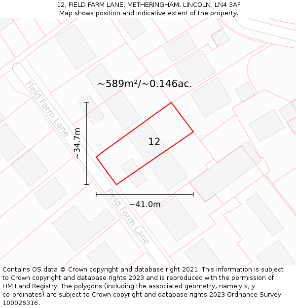 12, FIELD FARM LANE, METHERINGHAM, LINCOLN, LN4 3AF: Plot and title map