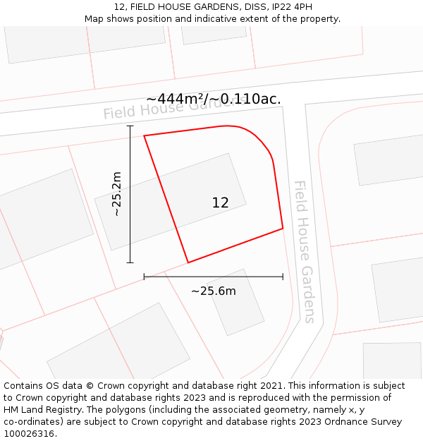 12, FIELD HOUSE GARDENS, DISS, IP22 4PH: Plot and title map