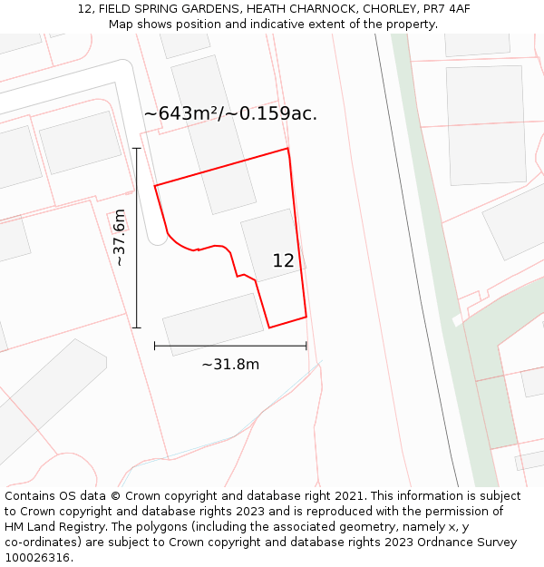 12, FIELD SPRING GARDENS, HEATH CHARNOCK, CHORLEY, PR7 4AF: Plot and title map