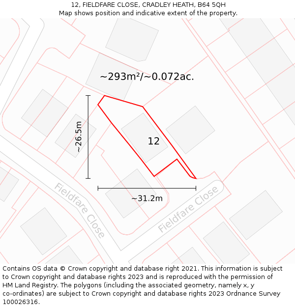 12, FIELDFARE CLOSE, CRADLEY HEATH, B64 5QH: Plot and title map