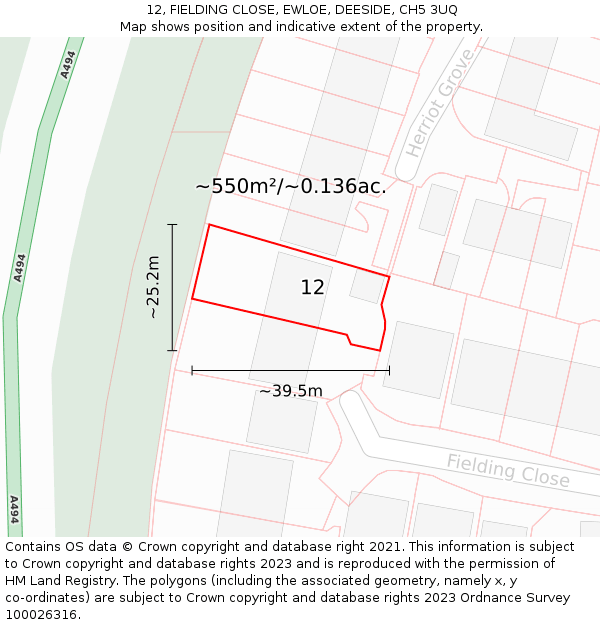 12, FIELDING CLOSE, EWLOE, DEESIDE, CH5 3UQ: Plot and title map