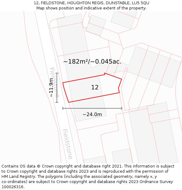 12, FIELDSTONE, HOUGHTON REGIS, DUNSTABLE, LU5 5QU: Plot and title map