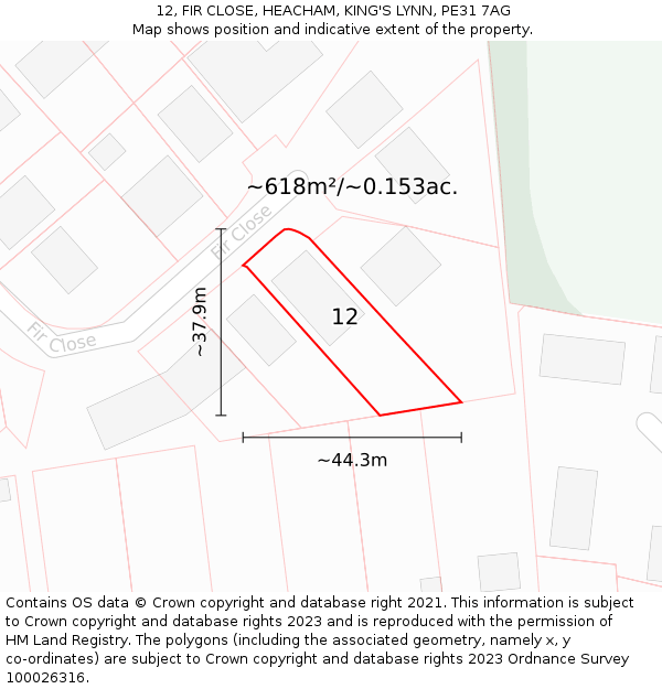 12, FIR CLOSE, HEACHAM, KING'S LYNN, PE31 7AG: Plot and title map