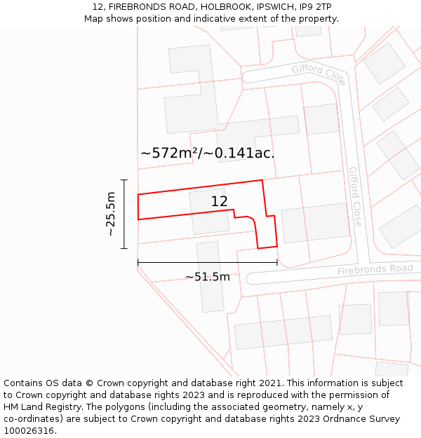 12, FIREBRONDS ROAD, HOLBROOK, IPSWICH, IP9 2TP: Plot and title map