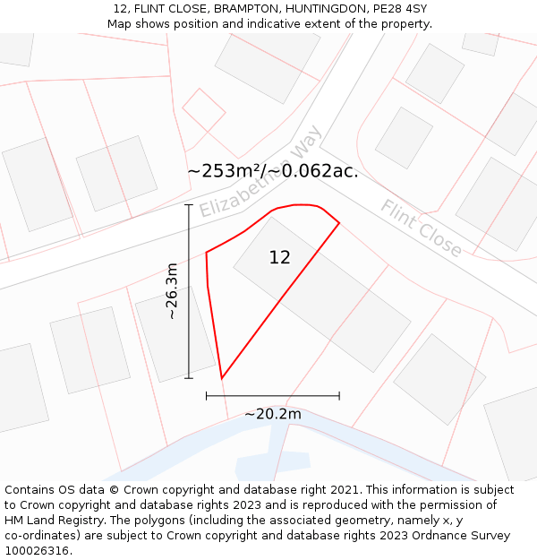 12, FLINT CLOSE, BRAMPTON, HUNTINGDON, PE28 4SY: Plot and title map