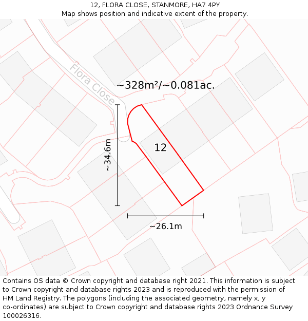 12, FLORA CLOSE, STANMORE, HA7 4PY: Plot and title map