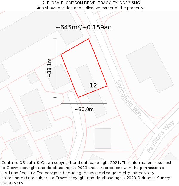 12, FLORA THOMPSON DRIVE, BRACKLEY, NN13 6NG: Plot and title map