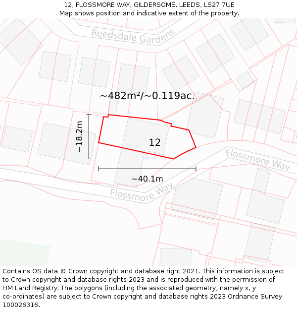 12, FLOSSMORE WAY, GILDERSOME, LEEDS, LS27 7UE: Plot and title map