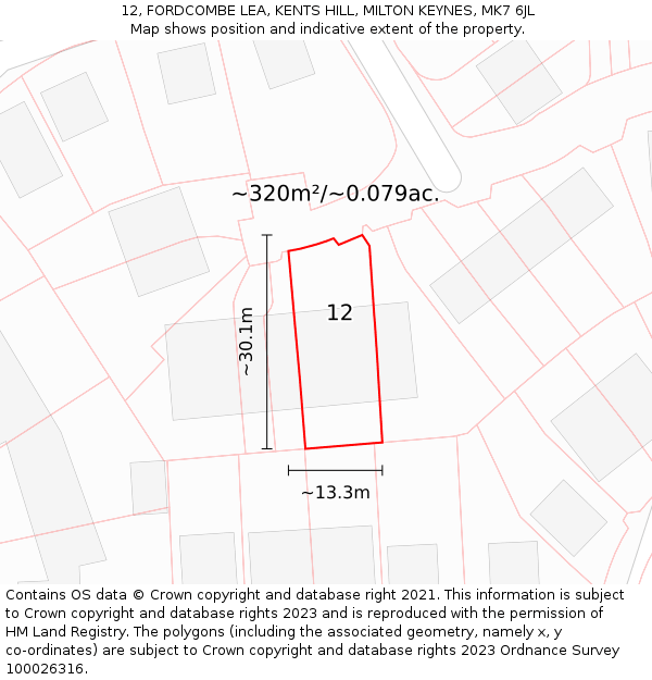 12, FORDCOMBE LEA, KENTS HILL, MILTON KEYNES, MK7 6JL: Plot and title map