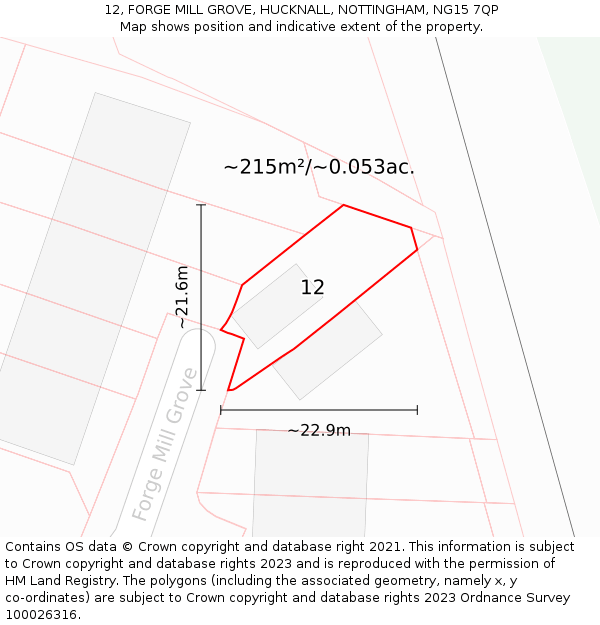 12, FORGE MILL GROVE, HUCKNALL, NOTTINGHAM, NG15 7QP: Plot and title map