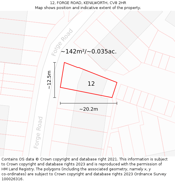 12, FORGE ROAD, KENILWORTH, CV8 2HR: Plot and title map