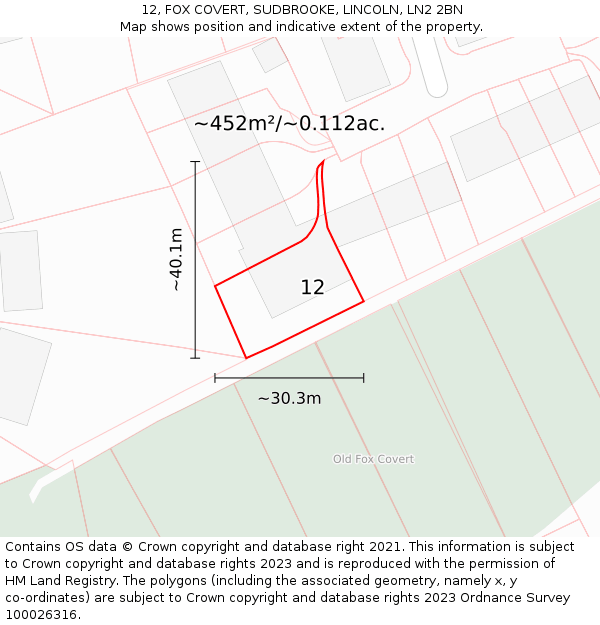 12, FOX COVERT, SUDBROOKE, LINCOLN, LN2 2BN: Plot and title map