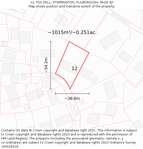 12, FOX DELL, STORRINGTON, PULBOROUGH, RH20 4JY: Plot and title map