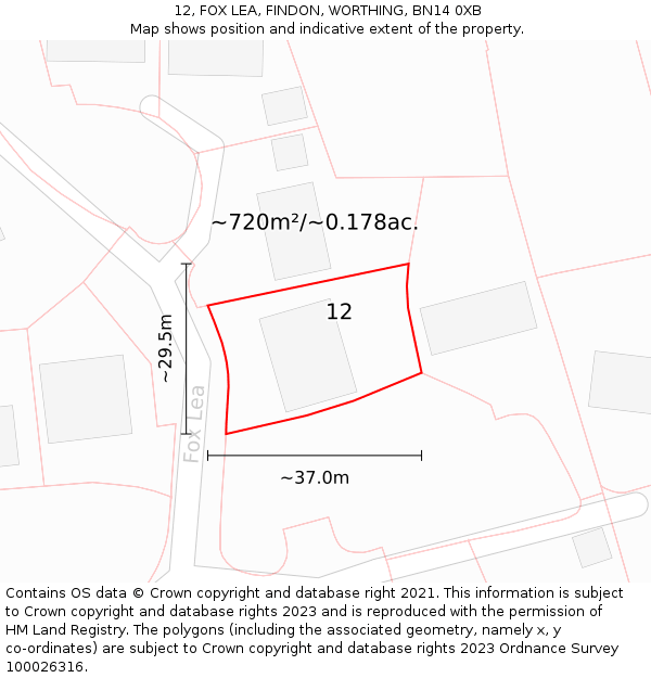 12, FOX LEA, FINDON, WORTHING, BN14 0XB: Plot and title map