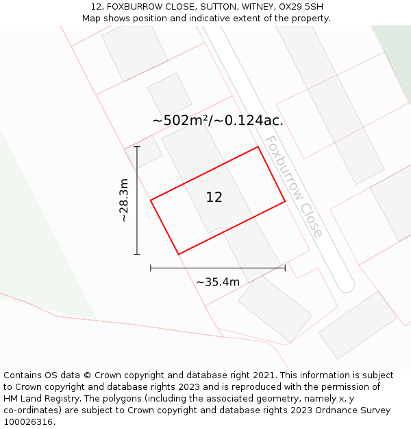12, FOXBURROW CLOSE, SUTTON, WITNEY, OX29 5SH: Plot and title map