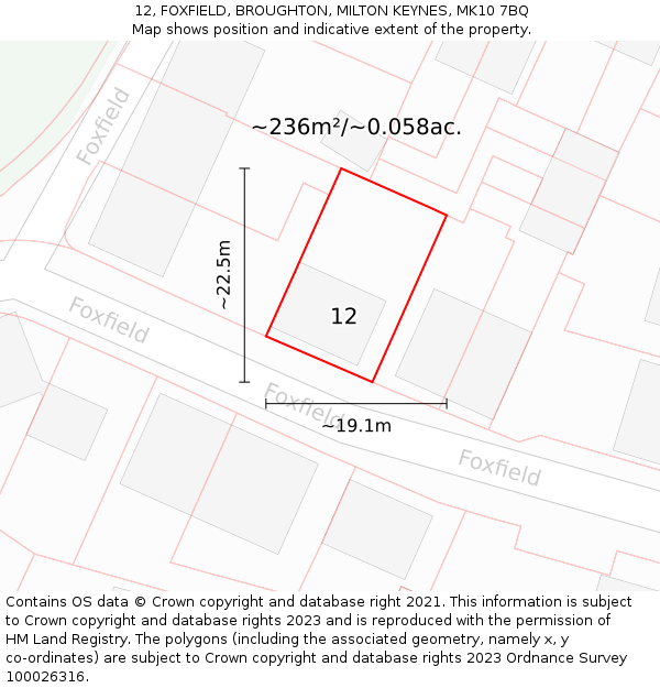 12, FOXFIELD, BROUGHTON, MILTON KEYNES, MK10 7BQ: Plot and title map