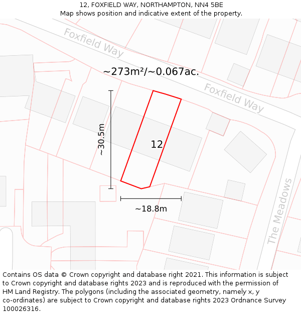 12, FOXFIELD WAY, NORTHAMPTON, NN4 5BE: Plot and title map
