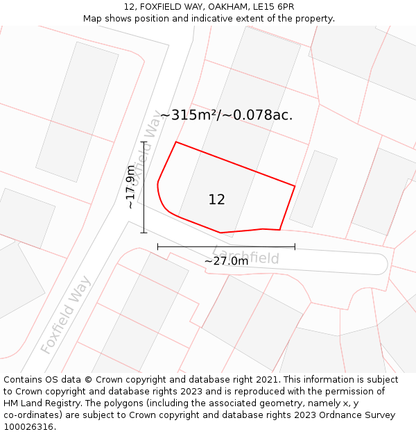 12, FOXFIELD WAY, OAKHAM, LE15 6PR: Plot and title map