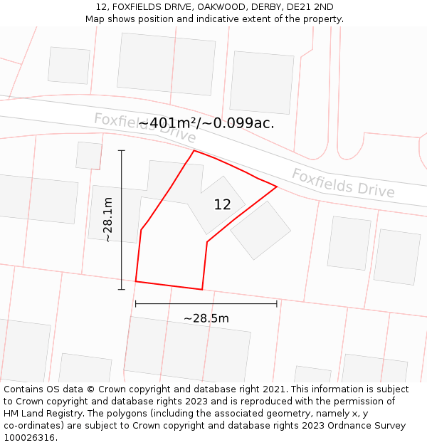 12, FOXFIELDS DRIVE, OAKWOOD, DERBY, DE21 2ND: Plot and title map