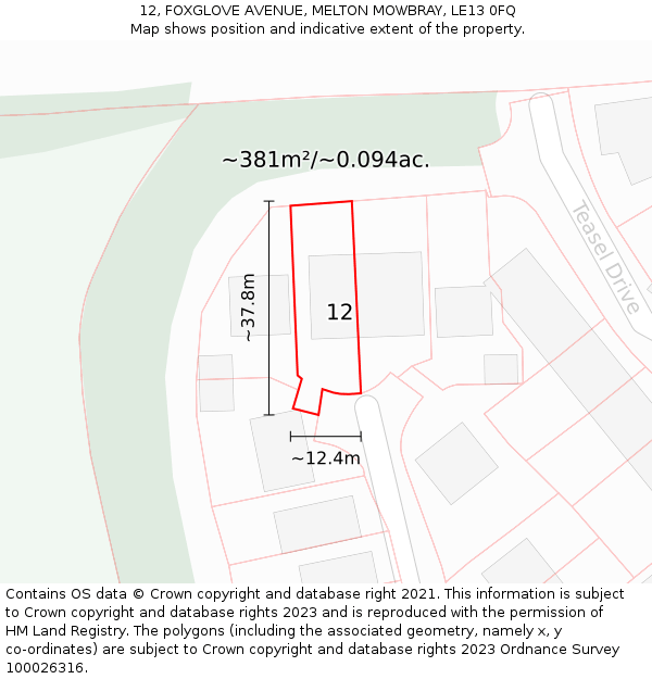 12, FOXGLOVE AVENUE, MELTON MOWBRAY, LE13 0FQ: Plot and title map