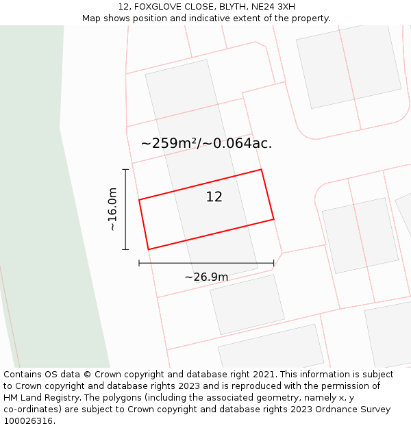 12, FOXGLOVE CLOSE, BLYTH, NE24 3XH: Plot and title map