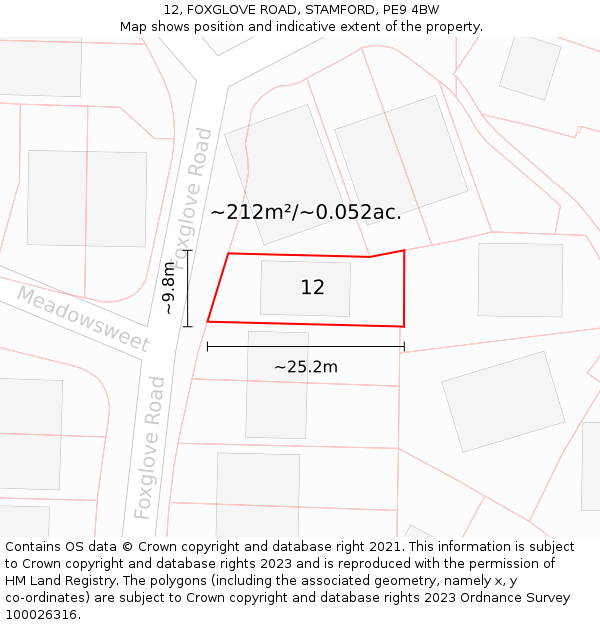 12, FOXGLOVE ROAD, STAMFORD, PE9 4BW: Plot and title map