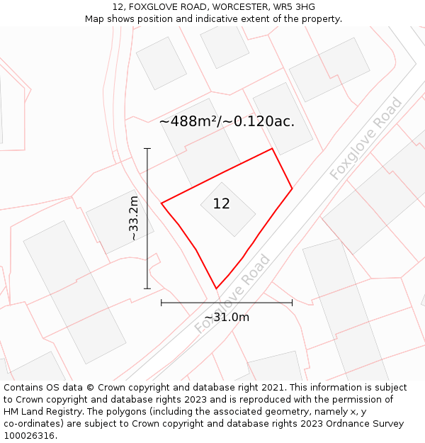 12, FOXGLOVE ROAD, WORCESTER, WR5 3HG: Plot and title map