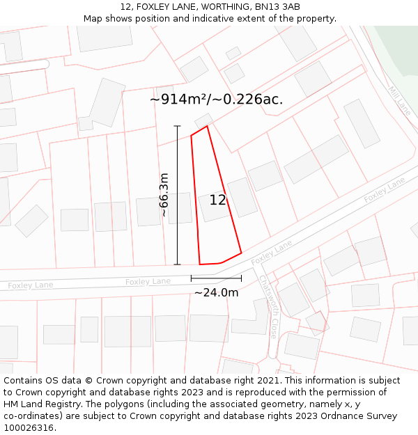 12, FOXLEY LANE, WORTHING, BN13 3AB: Plot and title map