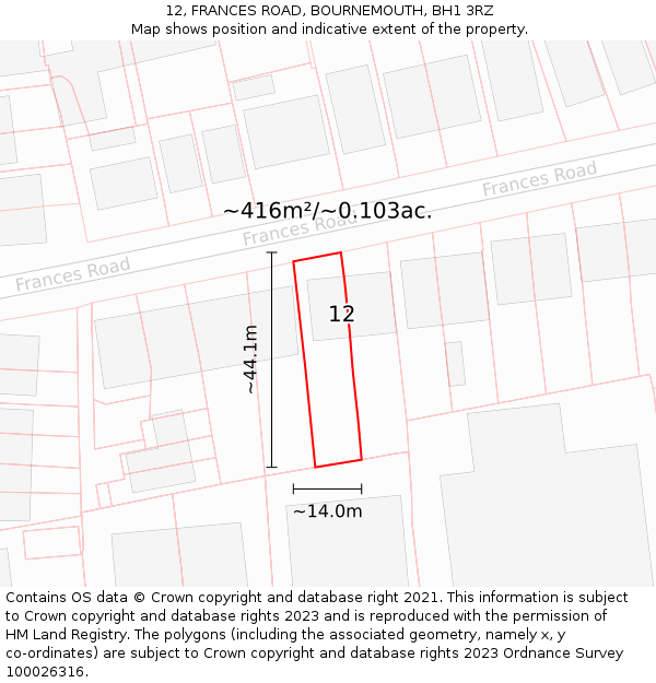 12, FRANCES ROAD, BOURNEMOUTH, BH1 3RZ: Plot and title map