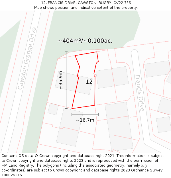 12, FRANCIS DRIVE, CAWSTON, RUGBY, CV22 7FS: Plot and title map