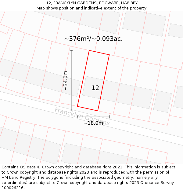 12, FRANCKLYN GARDENS, EDGWARE, HA8 8RY: Plot and title map