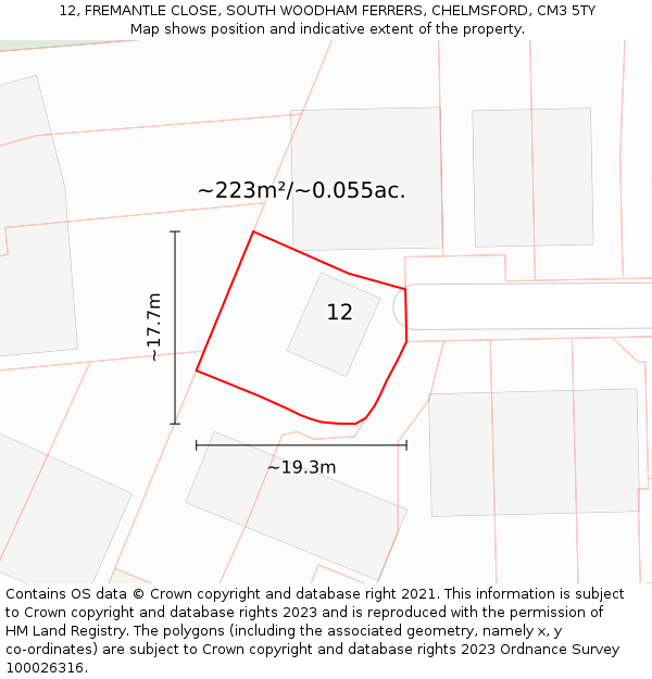 12, FREMANTLE CLOSE, SOUTH WOODHAM FERRERS, CHELMSFORD, CM3 5TY: Plot and title map