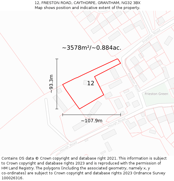 12, FRIESTON ROAD, CAYTHORPE, GRANTHAM, NG32 3BX: Plot and title map