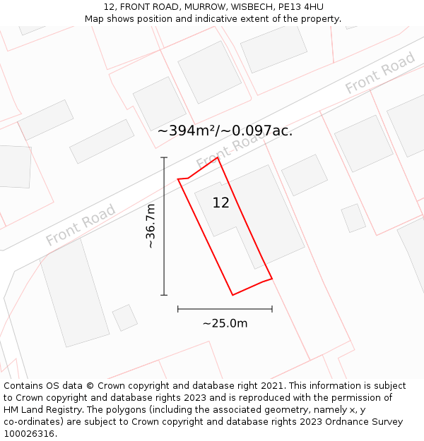 12, FRONT ROAD, MURROW, WISBECH, PE13 4HU: Plot and title map
