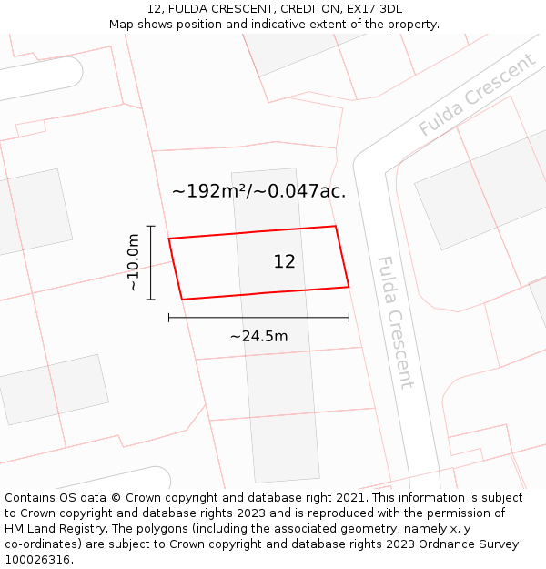12, FULDA CRESCENT, CREDITON, EX17 3DL: Plot and title map