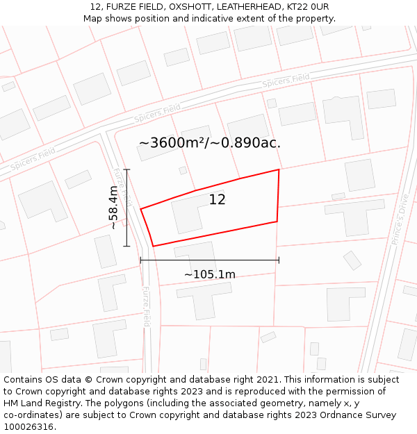 12, FURZE FIELD, OXSHOTT, LEATHERHEAD, KT22 0UR: Plot and title map