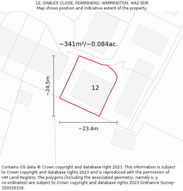 12, GABLES CLOSE, FEARNHEAD, WARRINGTON, WA2 0DR: Plot and title map