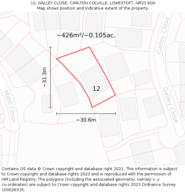12, GALLEY CLOSE, CARLTON COLVILLE, LOWESTOFT, NR33 8GX: Plot and title map