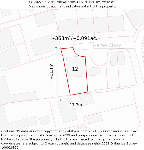12, GAME CLOSE, GREAT CORNARD, SUDBURY, CO10 0ZJ: Plot and title map