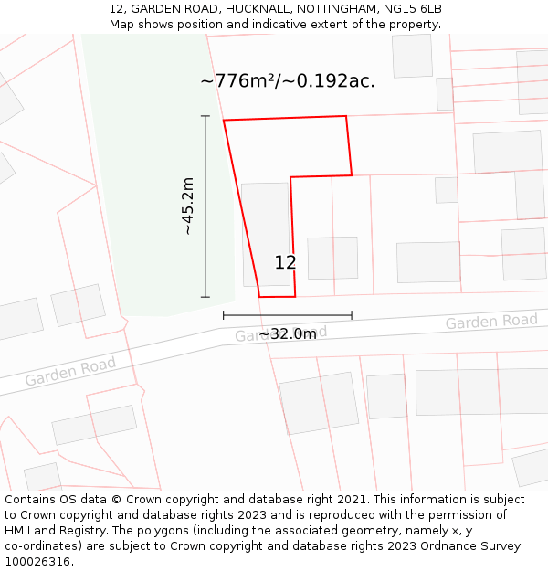12, GARDEN ROAD, HUCKNALL, NOTTINGHAM, NG15 6LB: Plot and title map